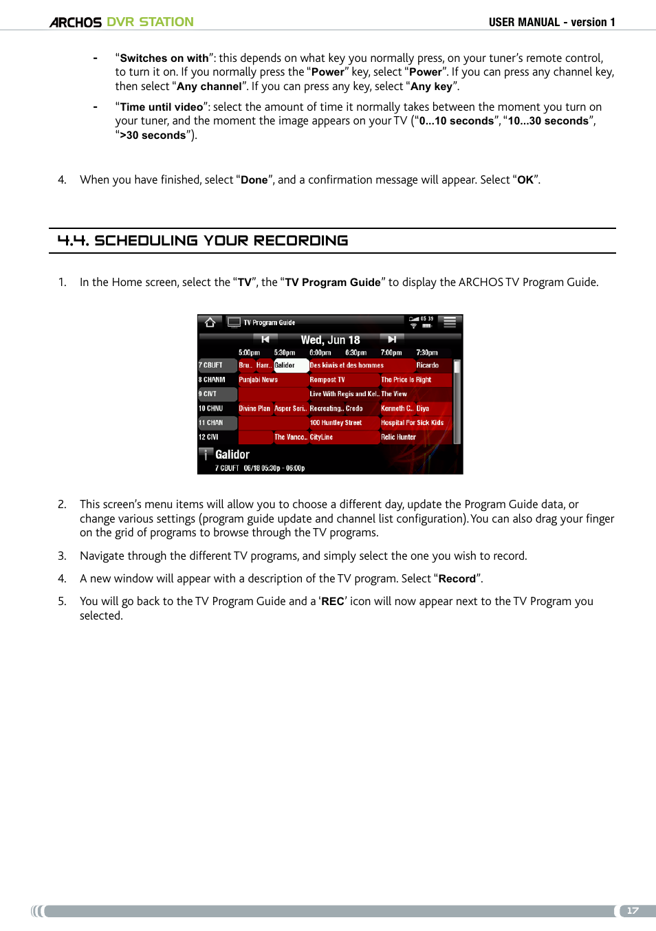 Scheduling your recording | ARCHOS DVr stAtioN User Manual | Page 17 / 141