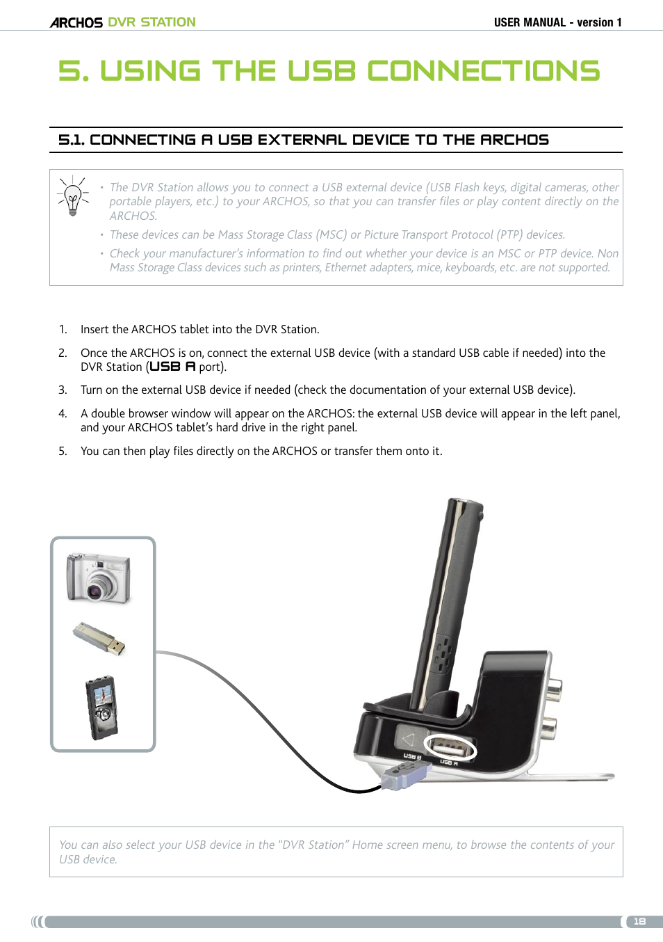 Using the usb connections, Connecting a usb external device to the archos | ARCHOS DVr stAtioN User Manual | Page 18 / 141