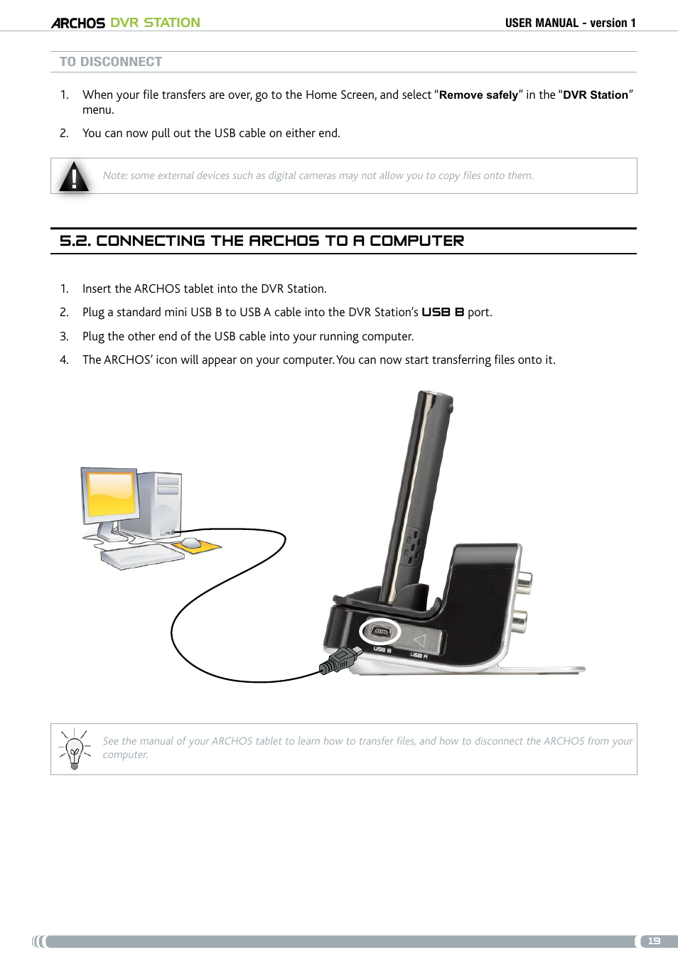 Connecting the archos to a computer, . connecting the archos to a computer | ARCHOS DVr stAtioN User Manual | Page 19 / 141