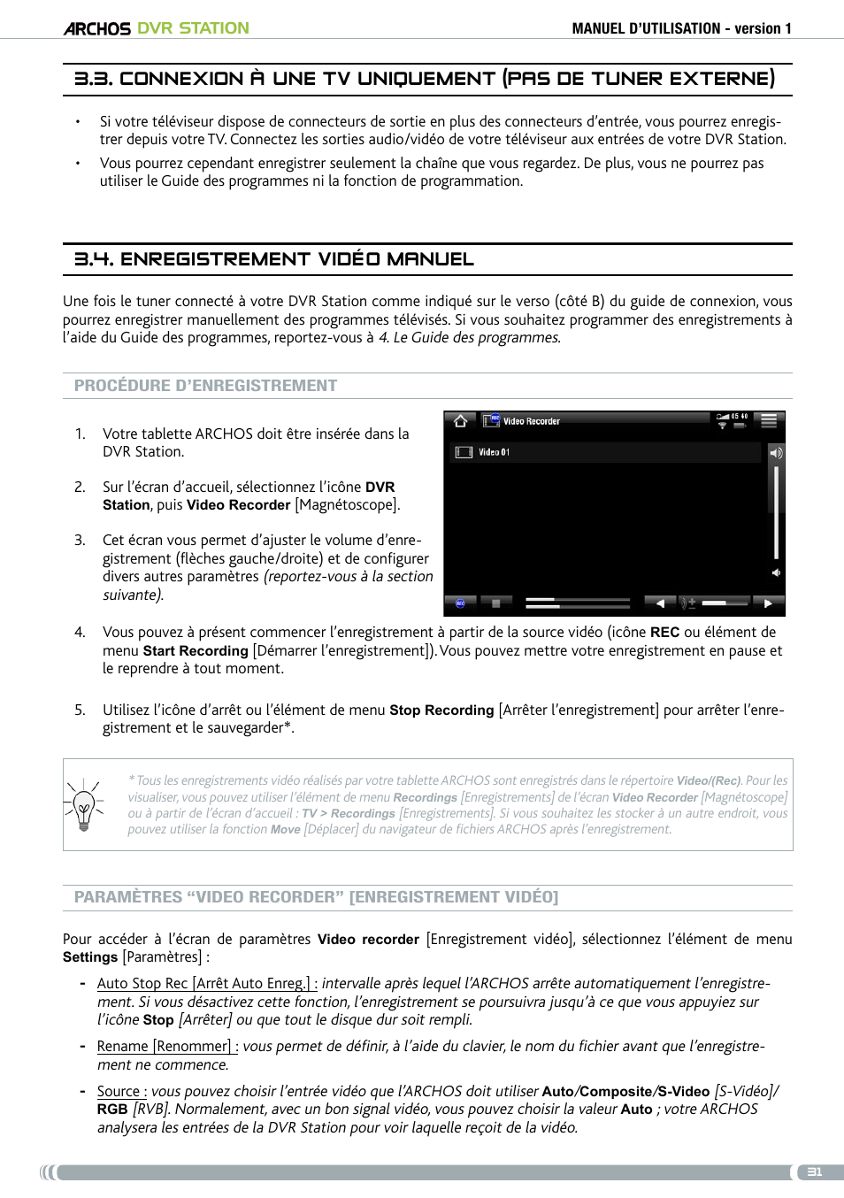Enregistrement vidéo manuel | ARCHOS DVr stAtioN User Manual | Page 31 / 141