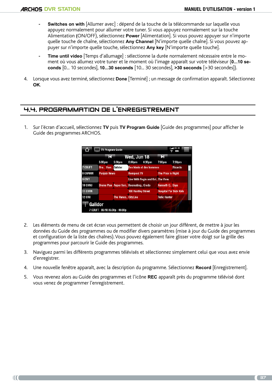 Programmation de l’enregistrement | ARCHOS DVr stAtioN User Manual | Page 37 / 141