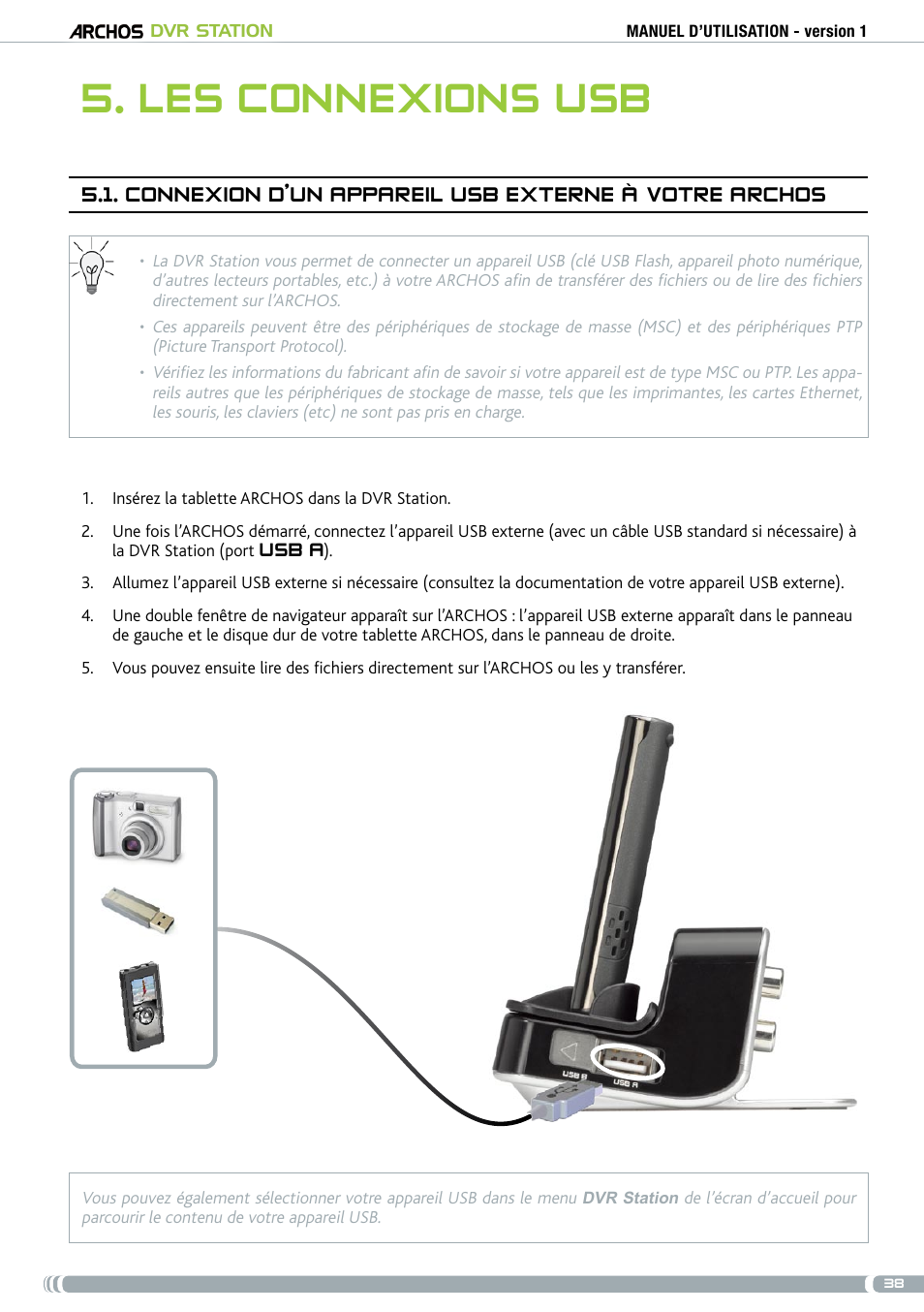 Les connexions usb, Connexion d’un appareil usb externe à votre archos | ARCHOS DVr stAtioN User Manual | Page 38 / 141