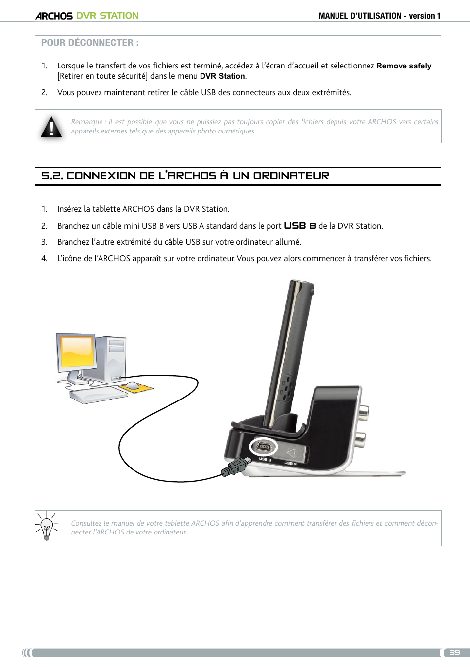 Connexion de l’archos à un ordinateur, . connexion de l’archos à un ordinateur | ARCHOS DVr stAtioN User Manual | Page 39 / 141