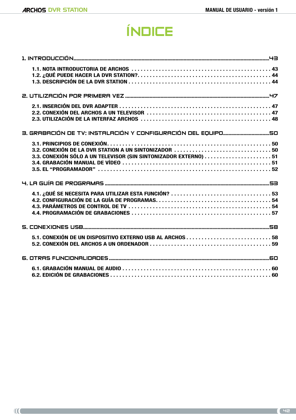 Español, Manual de usuario, Índice | ARCHOS DVr stAtioN User Manual | Page 42 / 141