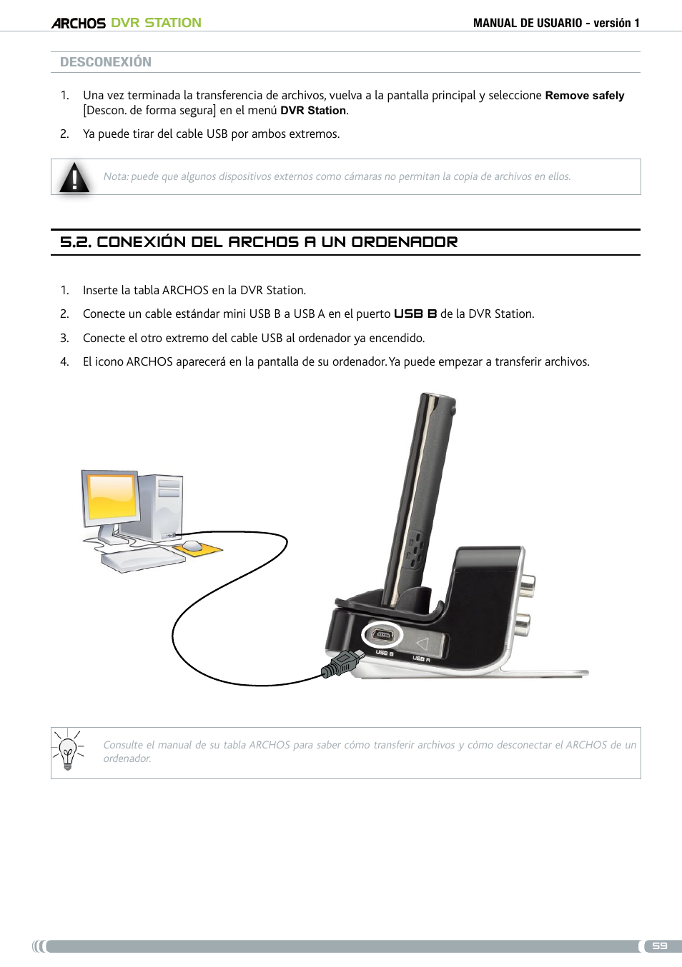 Conexión del archos a un ordenador, . conexión del archos a un ordenador | ARCHOS DVr stAtioN User Manual | Page 59 / 141