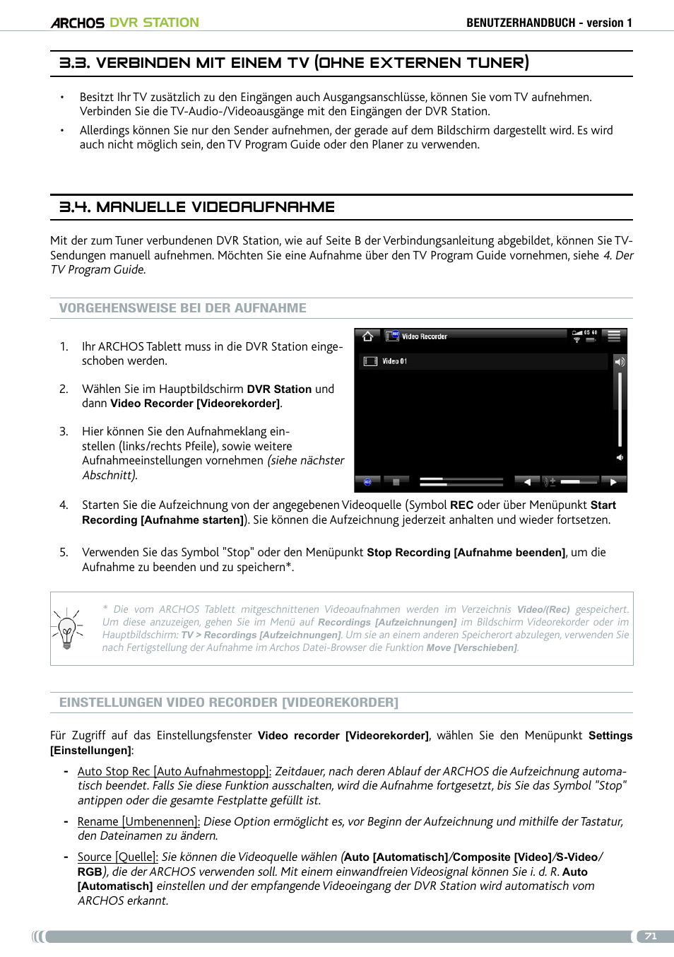Verbinden mit einem tv (ohne externen tuner), Manuelle videoaufnahme | ARCHOS DVr stAtioN User Manual | Page 71 / 141