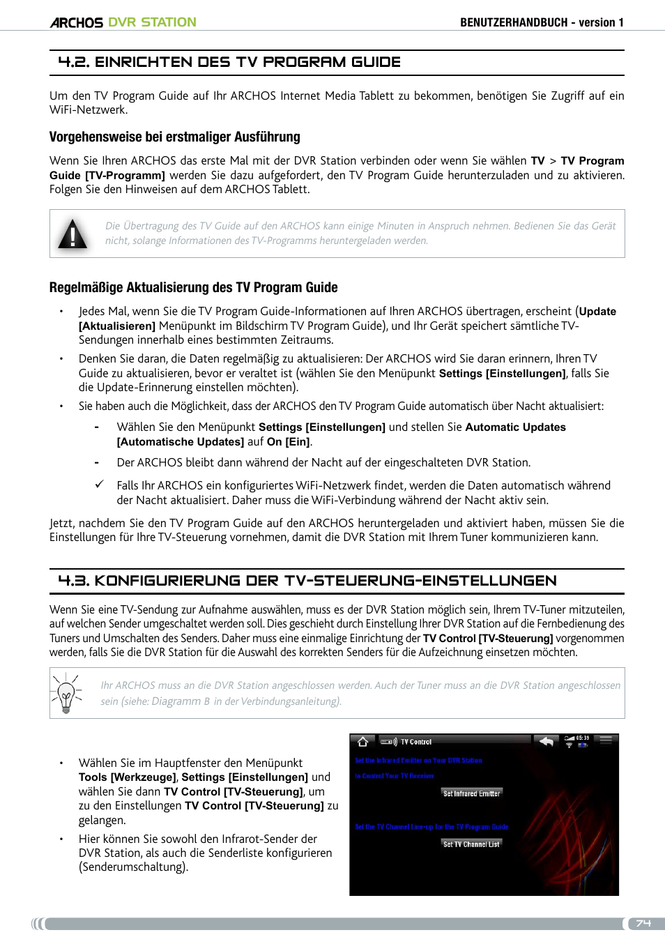 . einrichten des tv program guide, Konfigurierung der tv-steuerung-einstellungen | ARCHOS DVr stAtioN User Manual | Page 74 / 141