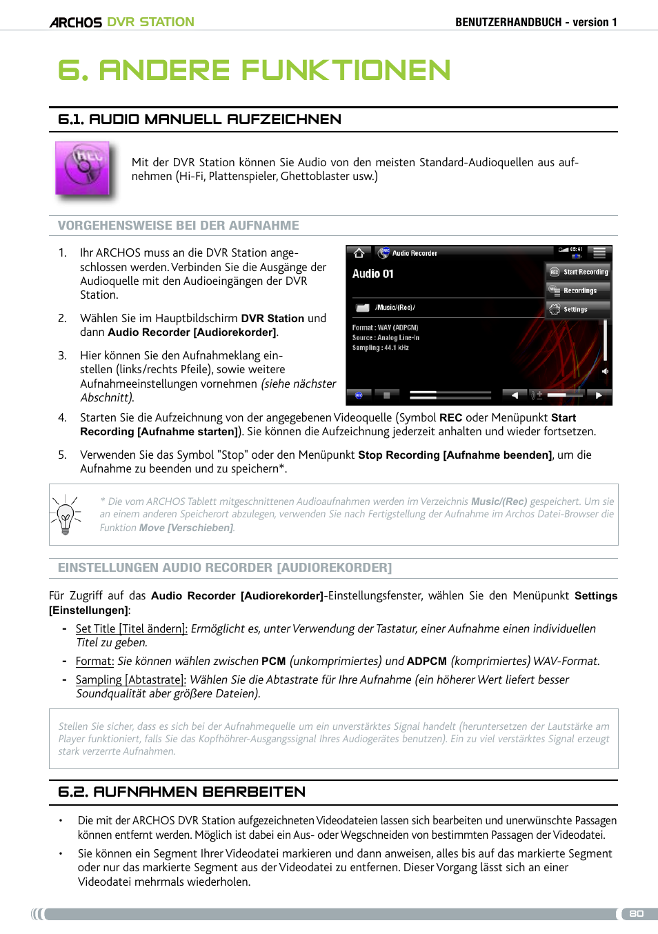 Andere funktionen, Audio manuell aufzeichnen, . aufnahmen bearbeiten | ARCHOS DVr stAtioN User Manual | Page 80 / 141