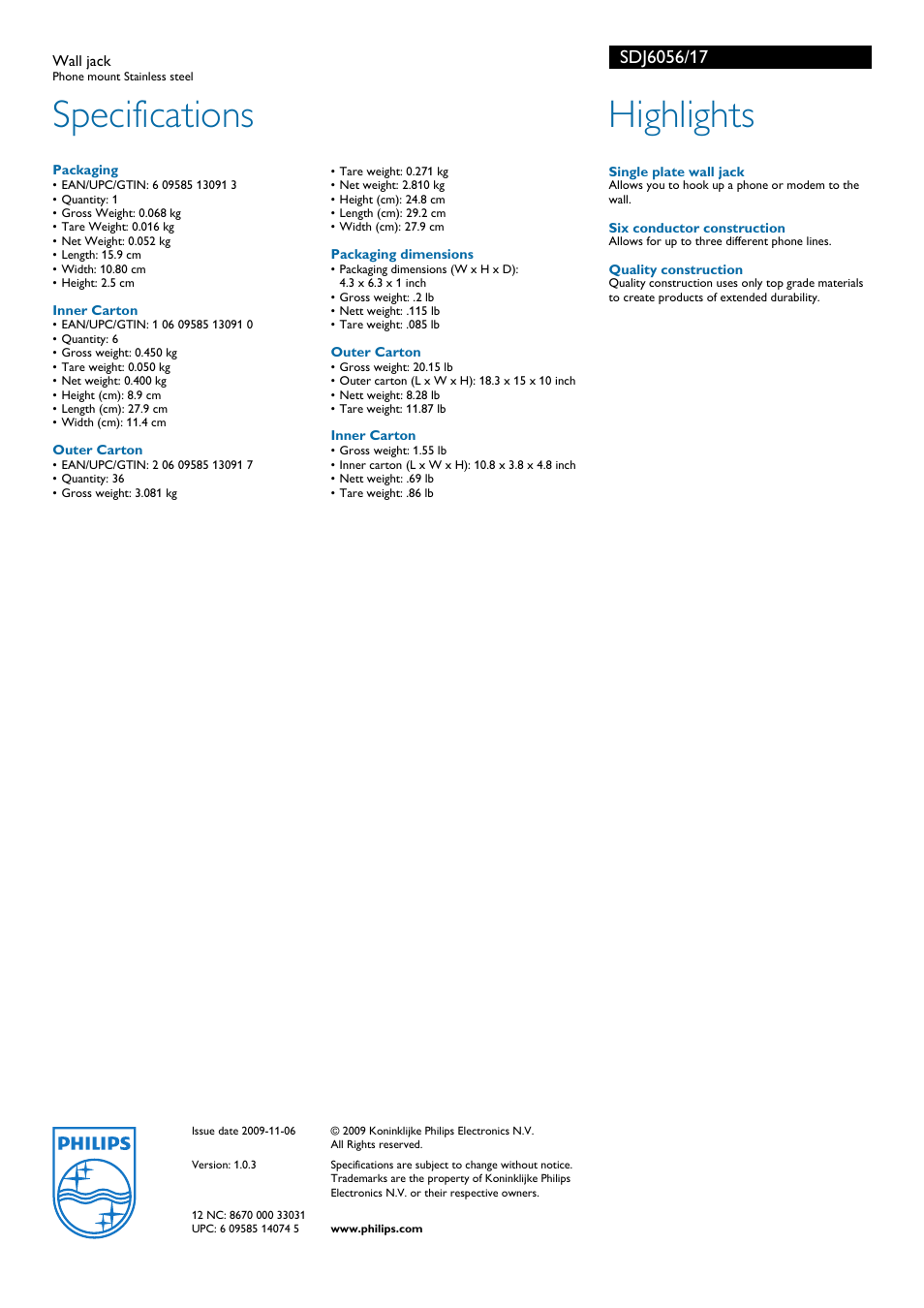 Specifications, Highlights | Philips SDJ6056-17 User Manual | Page 2 / 2