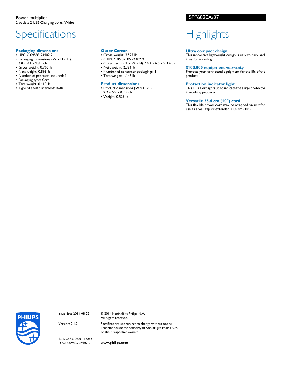 Specifications, Highlights | Philips SPP6020A-37 User Manual | Page 2 / 2