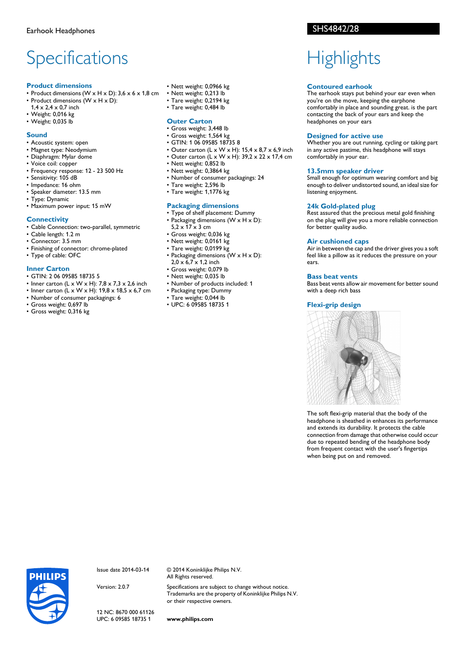 Specifications, Highlights | Philips SHS4842-28 User Manual | Page 2 / 2