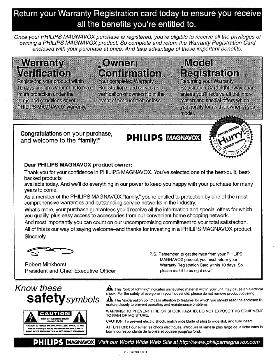 Philips, Warranty_; verification, Owner i confirmation | M.odeli registration, Know these s&îgty symbols, Philips e!hb | Philips 7P6031C User Manual | Page 2 / 48