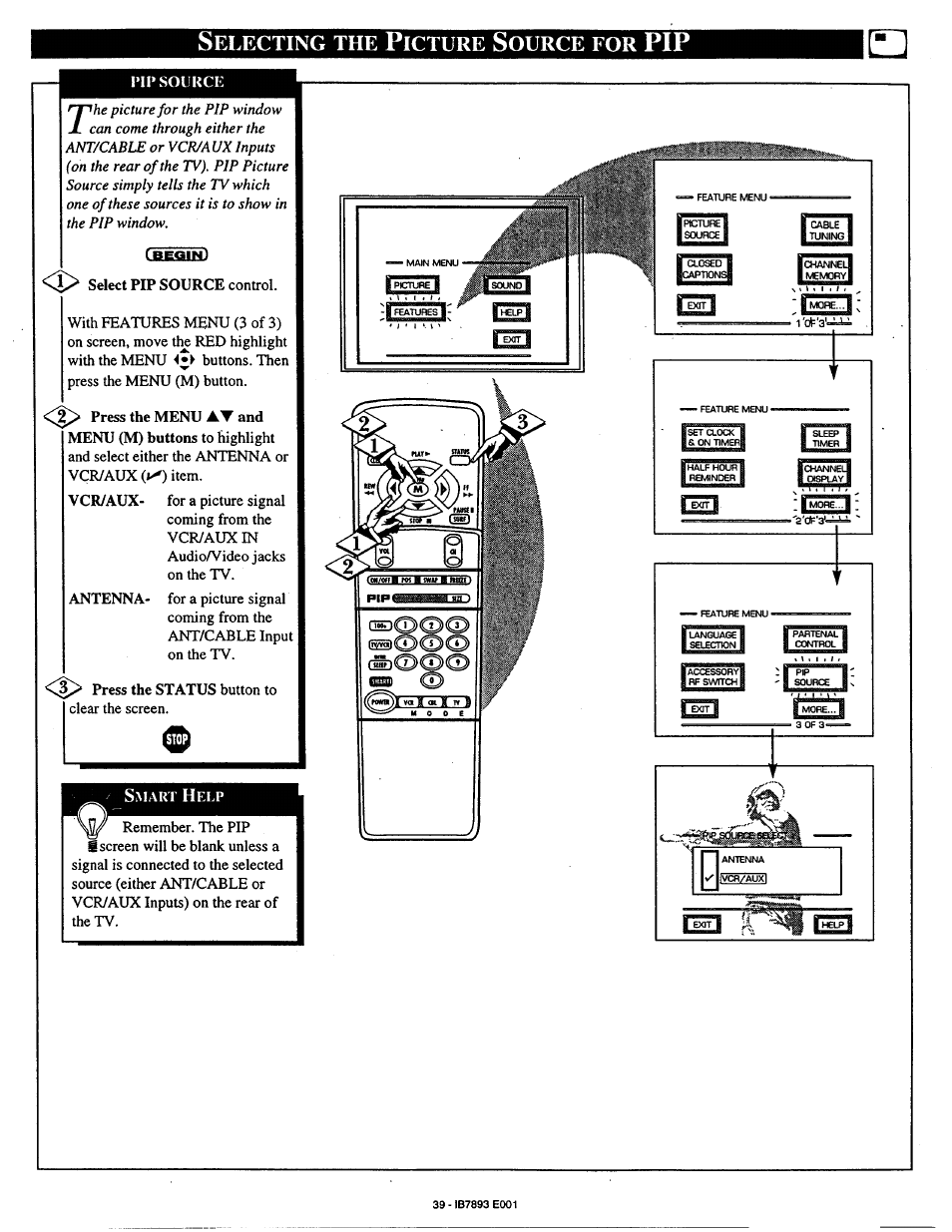 Pip o, Electing, Icture | Ource | Philips 7P6031C User Manual | Page 39 / 48