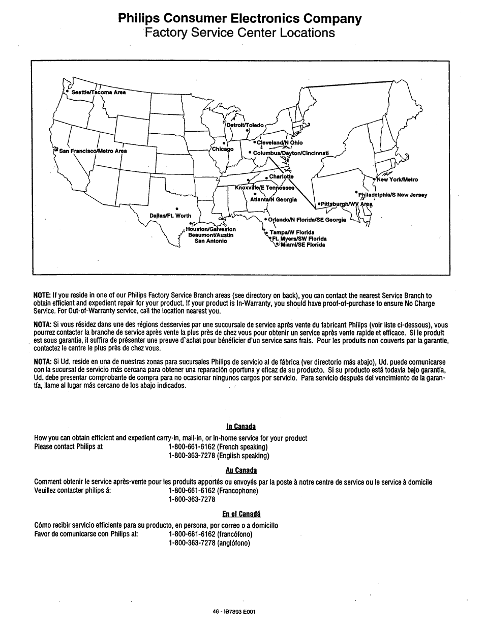 Factory service center locations, Philips consumer electronics company | Philips 7P6031C User Manual | Page 46 / 48