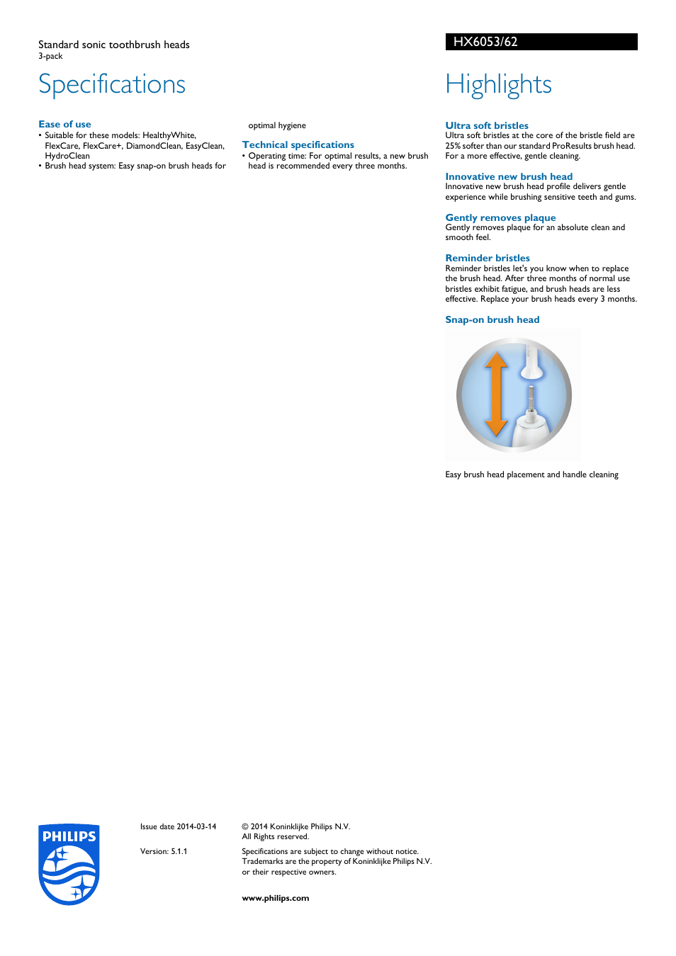 Specifications, Highlights | Philips HX6053-62 User Manual | Page 2 / 2