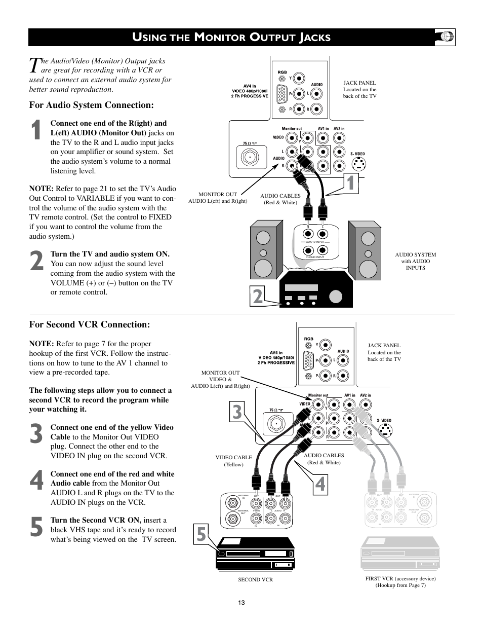 For audio system connection, For second vcr connection, Sing the | Onitor, Utput, Acks | Philips 27PT8320-25 User Manual | Page 13 / 56