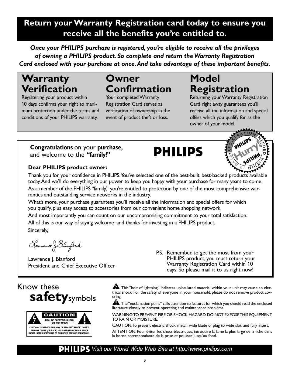 Safety, Warranty verification, Owner confirmation | Model registration, Hurry, Know these, Symbols t | Philips 27PT8320-25 User Manual | Page 2 / 56