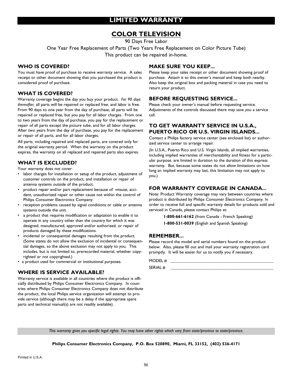 Color television, Limited warranty | Philips 27PT8320-25 User Manual | Page 56 / 56