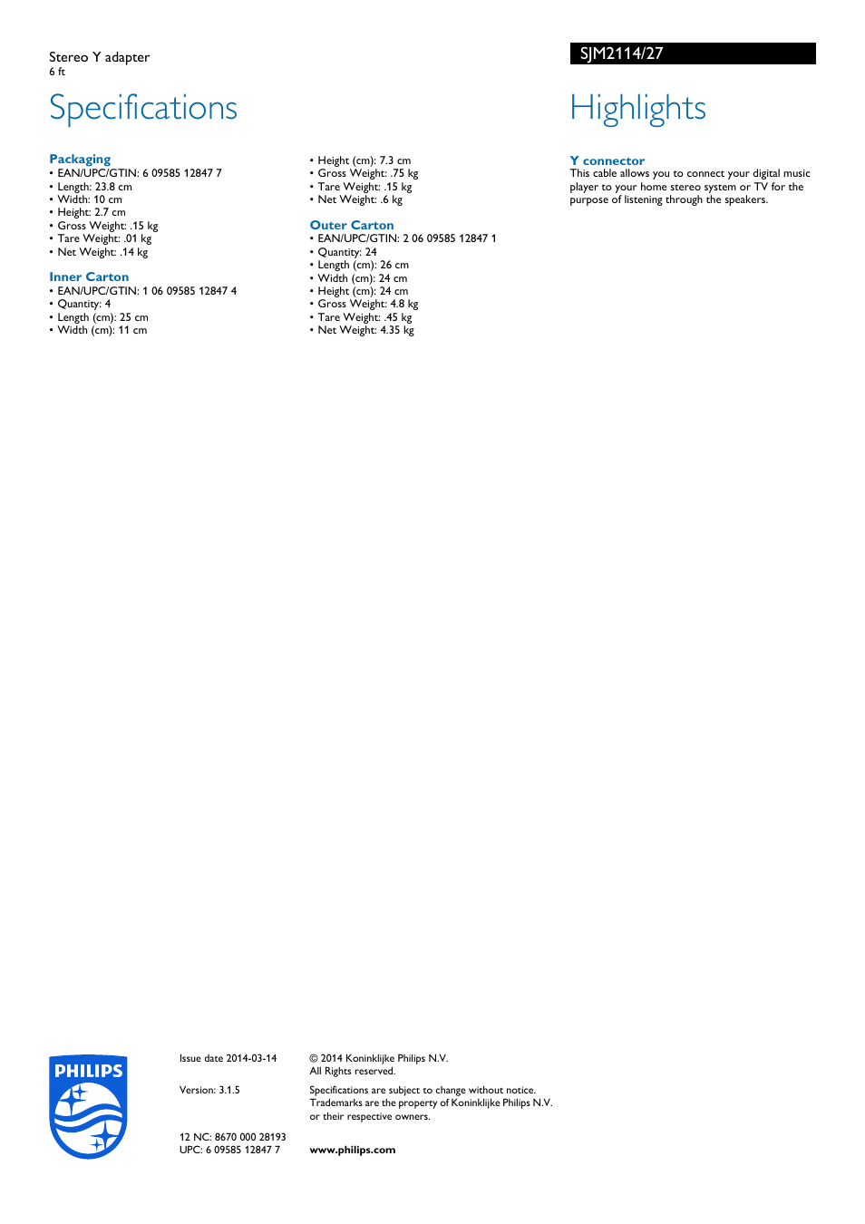 Specifications, Highlights | Philips SJM2114-27 User Manual | Page 2 / 2