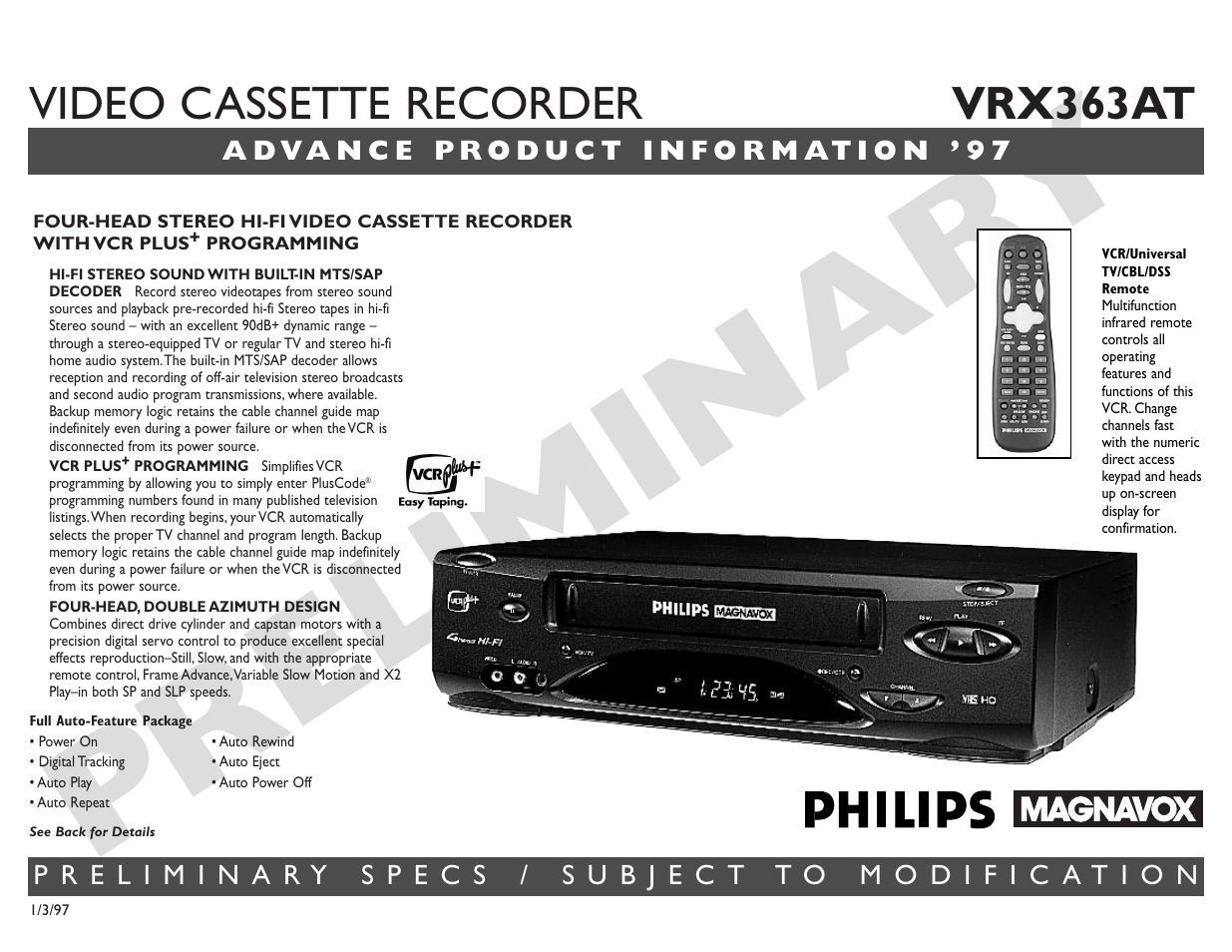 Philips 4 HD HIFI REG. CLOCK VCR User Manual | 2 pages