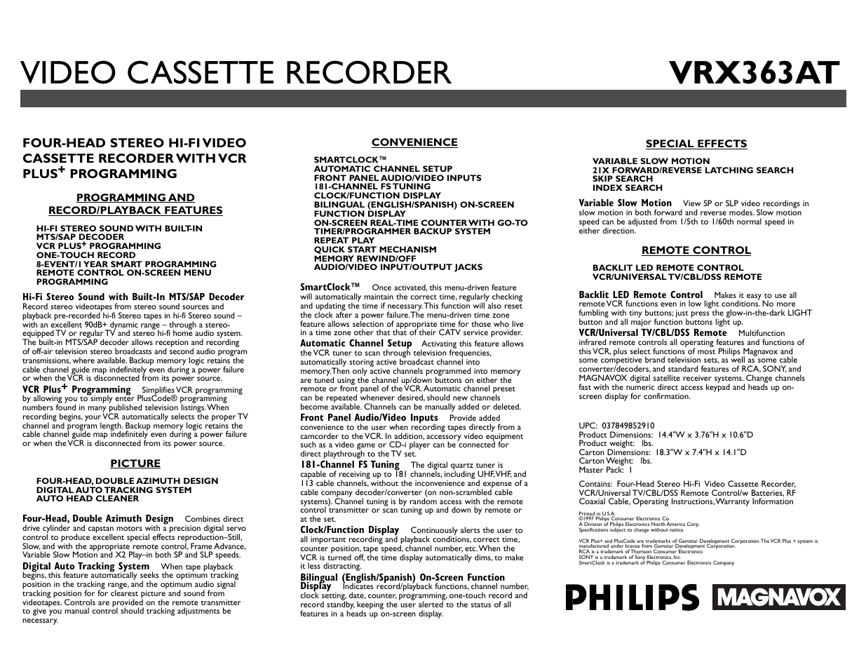 Video cassette recorder vrx363at | Philips 4 HD HIFI REG. CLOCK VCR User Manual | Page 2 / 2