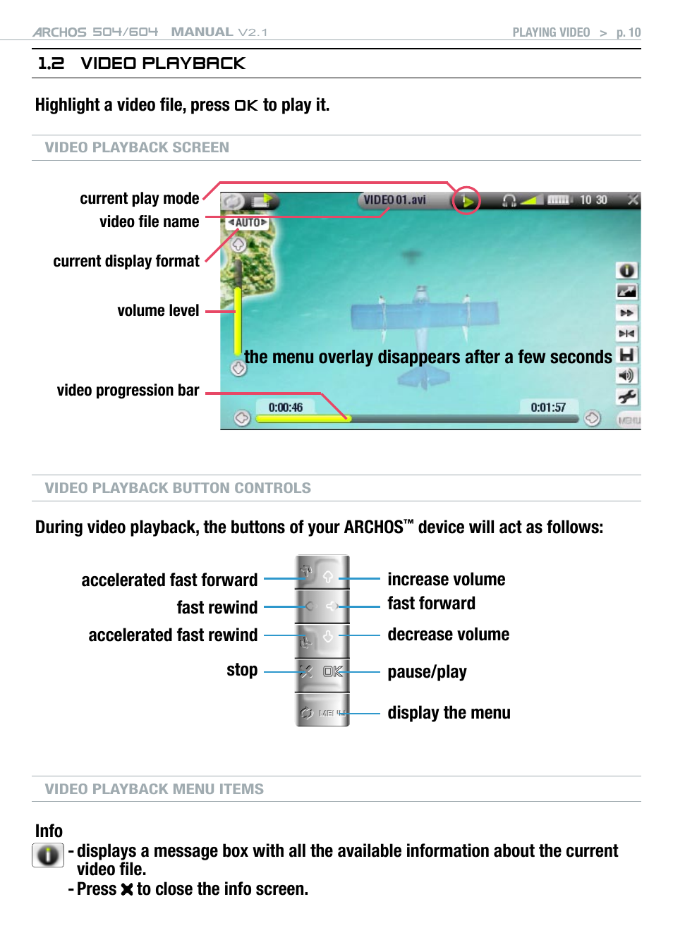 2 video playback, Video playback menu, Items) | ARCHOS Version 2.1 User Manual | Page 10 / 59