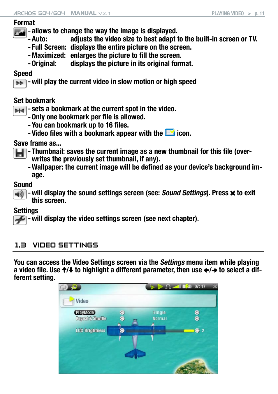 3 video settings | ARCHOS Version 2.1 User Manual | Page 11 / 59