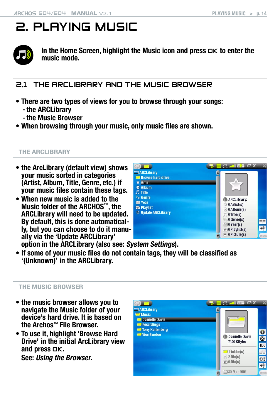 Playing music, 1 the arclibrary and the music browser | ARCHOS Version 2.1 User Manual | Page 14 / 59