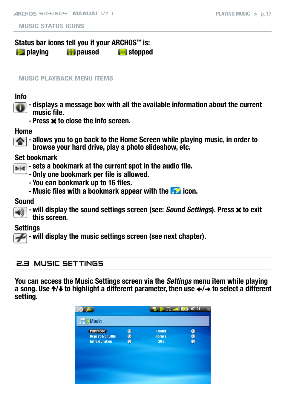 3 music settings | ARCHOS Version 2.1 User Manual | Page 17 / 59