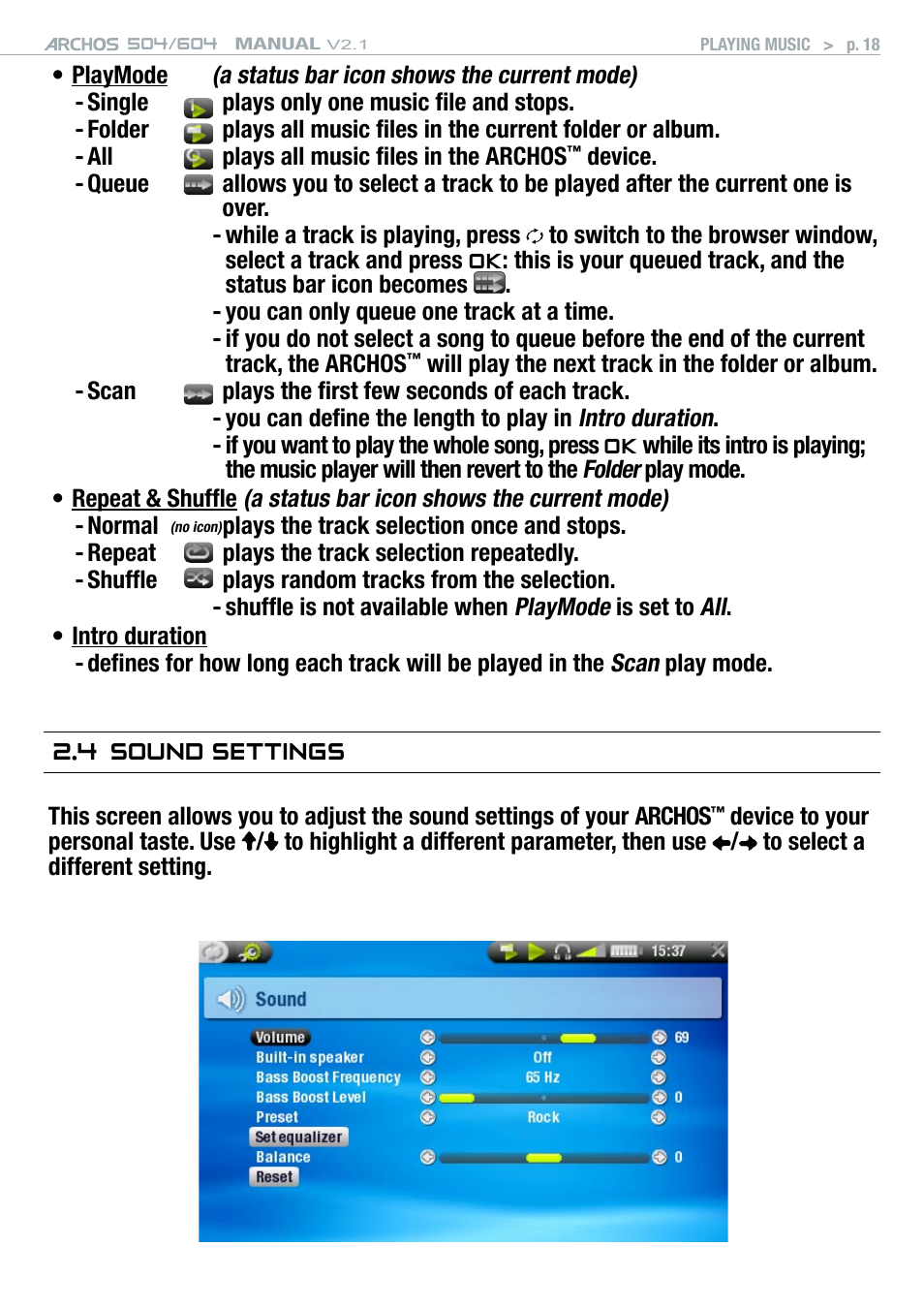 4 sound settings, Sound settings | ARCHOS Version 2.1 User Manual | Page 18 / 59