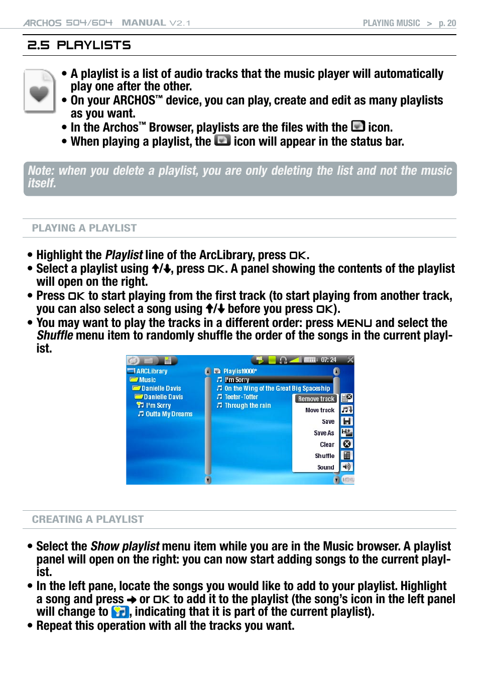 5 playlists, Opens a playlist edition window on the right (see, Playlists | ARCHOS Version 2.1 User Manual | Page 20 / 59