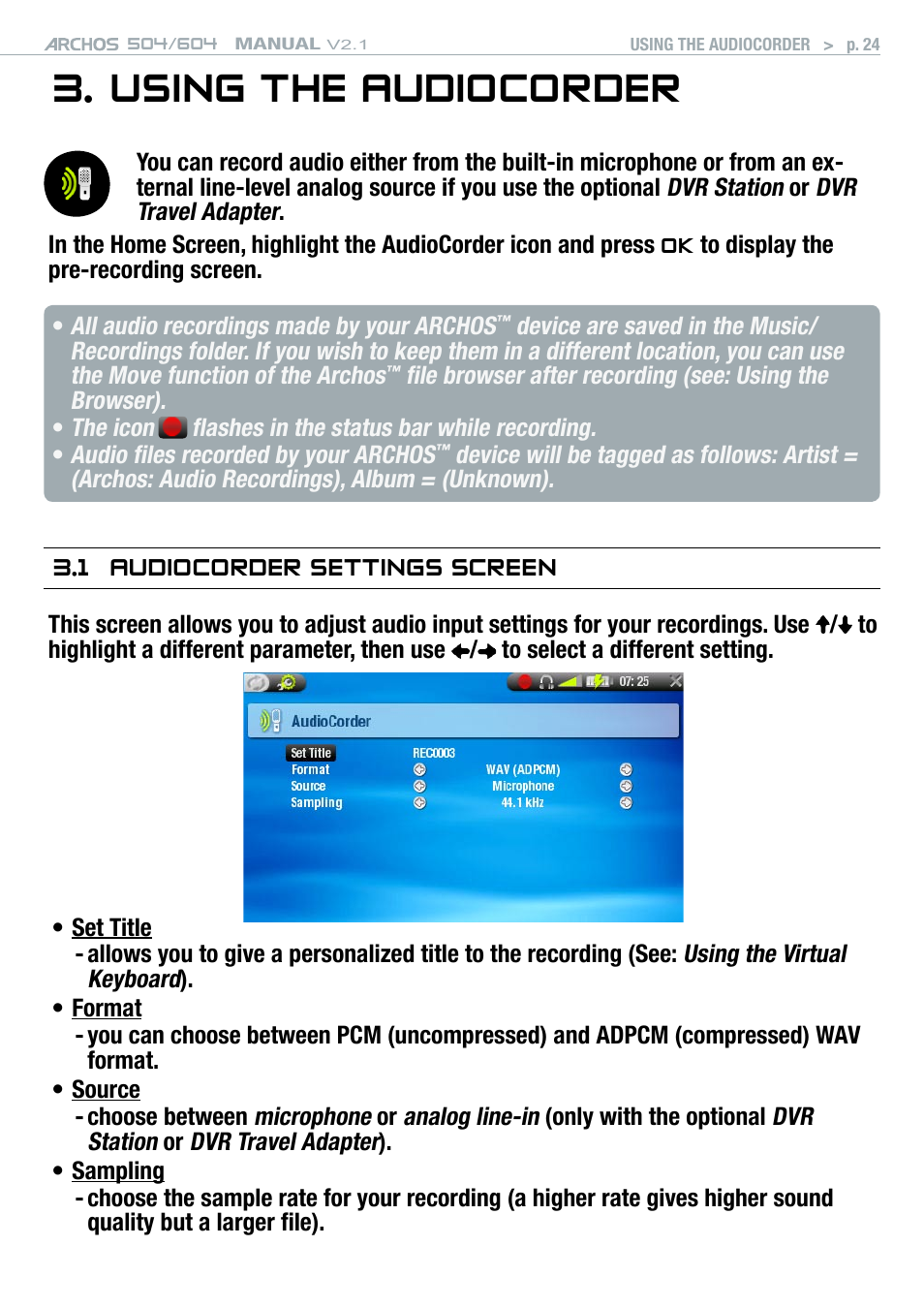 Using the audiocorder, 1 audiocorder settings screen, Next section for details) | ARCHOS Version 2.1 User Manual | Page 24 / 59