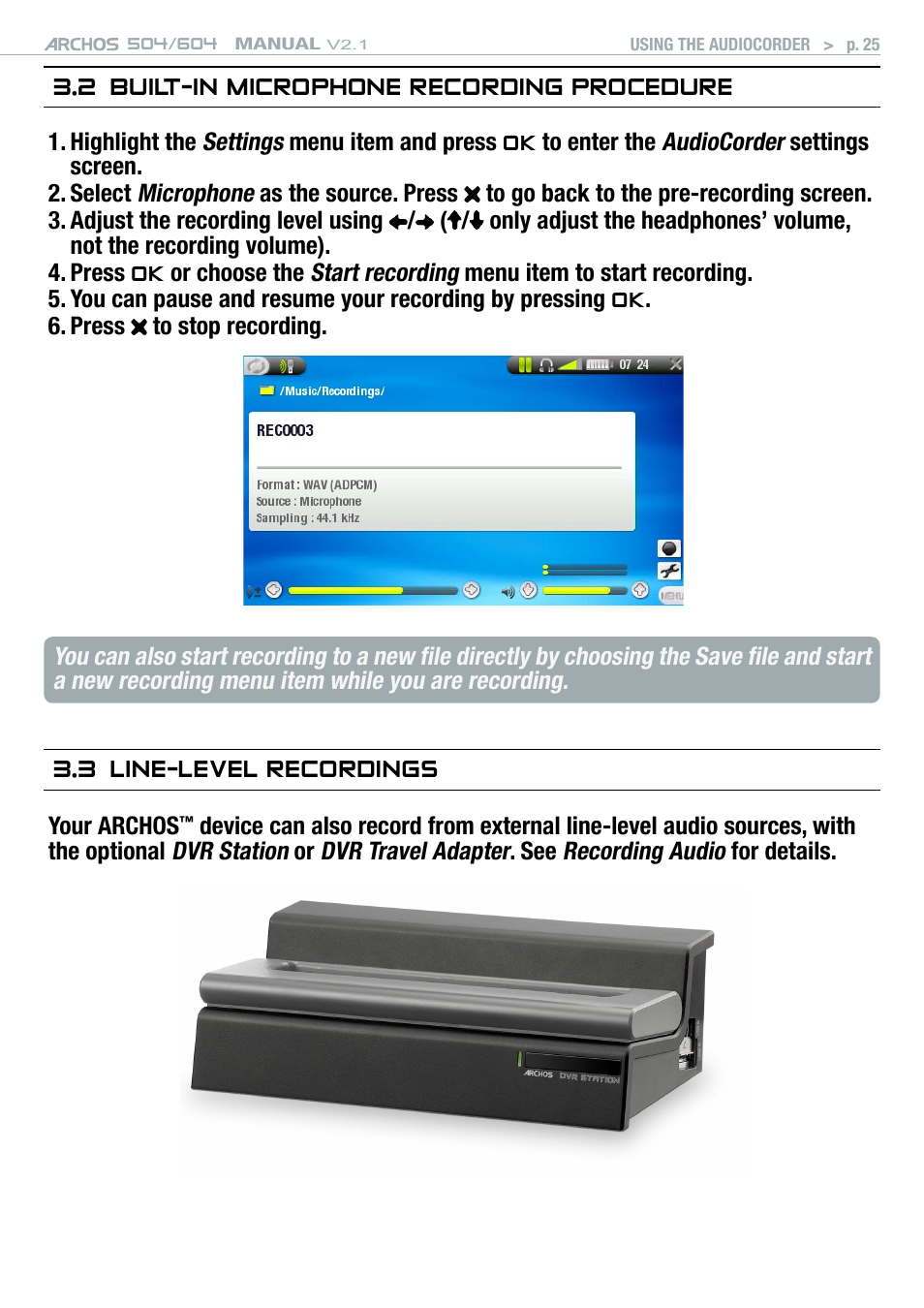 2 built-in microphone recording procedure, 3 line-level recordings | ARCHOS Version 2.1 User Manual | Page 25 / 59