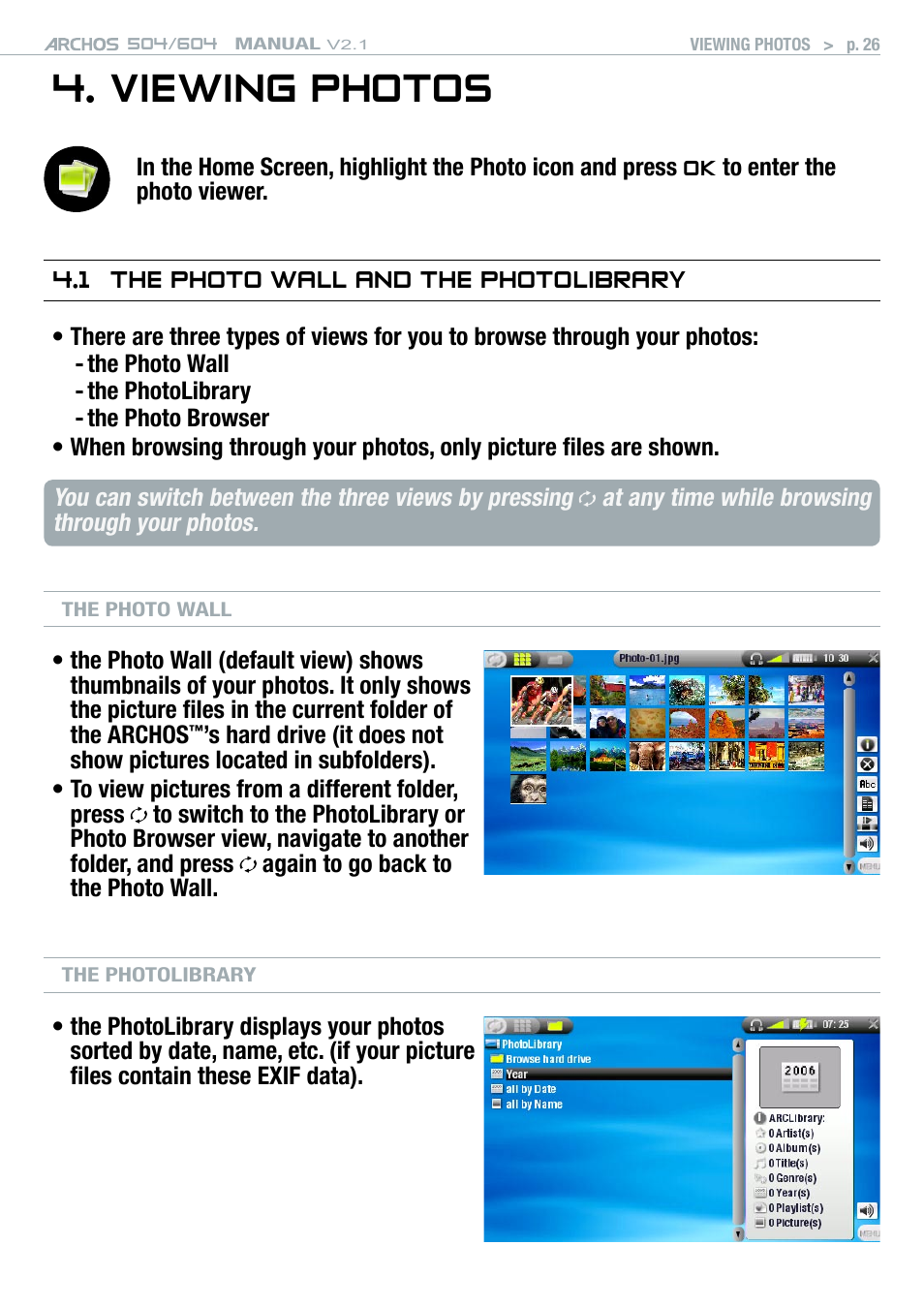 Viewing photos, 1 the photo wall and the photolibrary | ARCHOS Version 2.1 User Manual | Page 26 / 59