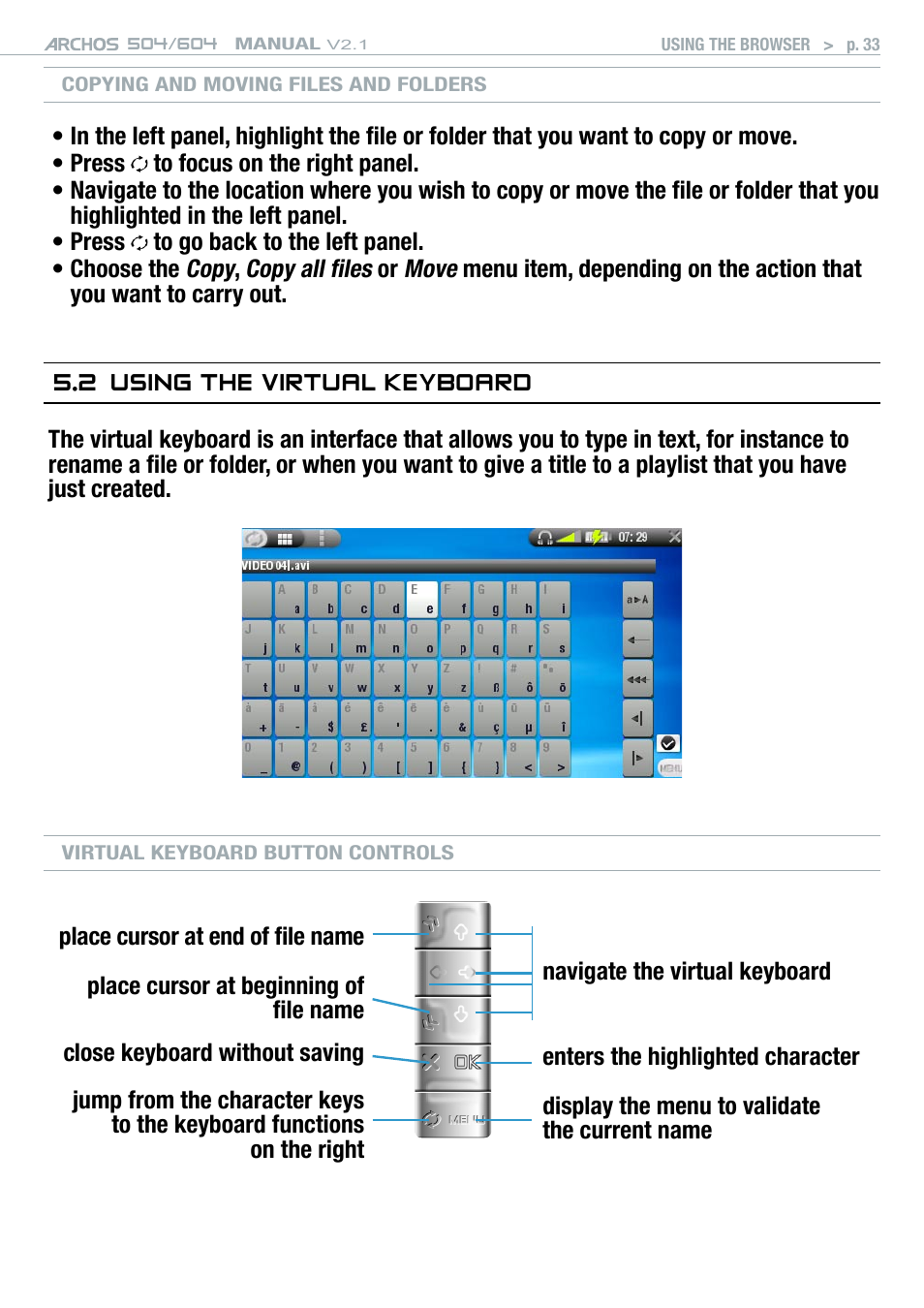 2 using the virtual keyboard, Using the virtual keyboard, Using the virtual | Keyboard, Also see: copying and moving files and folders, Using, The virtual keyboard | ARCHOS Version 2.1 User Manual | Page 33 / 59