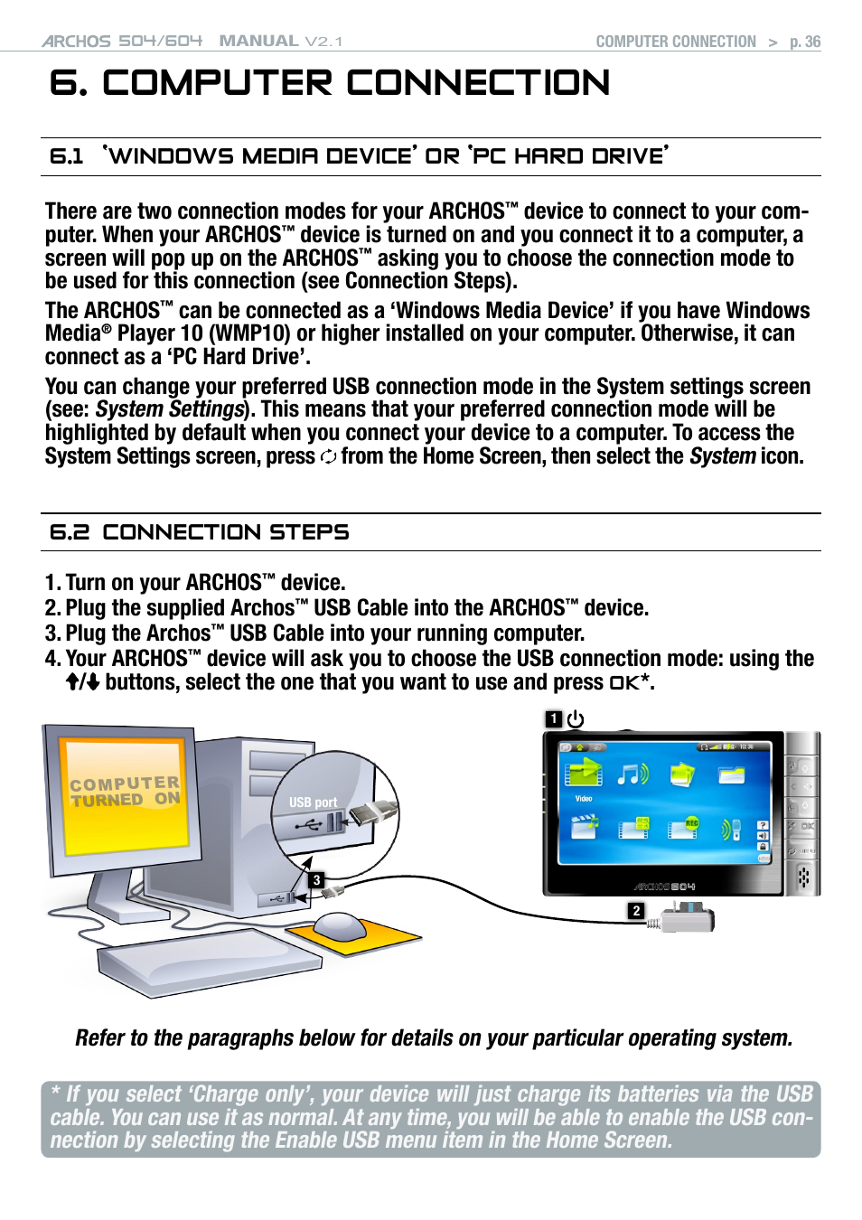 Computer connection, 1 ‘windows media device’ or ‘pc hard drive, 2 connection steps | For details on how to connect your, System settings, System | ARCHOS Version 2.1 User Manual | Page 36 / 59
