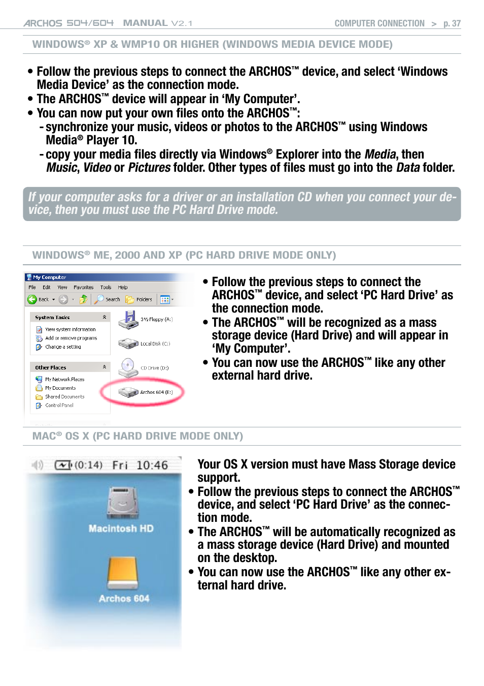 Media, Music, Video | Pictures, Data | ARCHOS Version 2.1 User Manual | Page 37 / 59