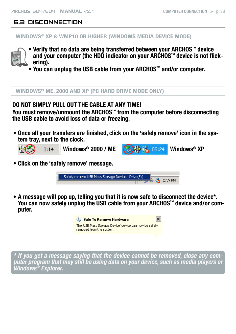 3 disconnection, Explorer | ARCHOS Version 2.1 User Manual | Page 38 / 59