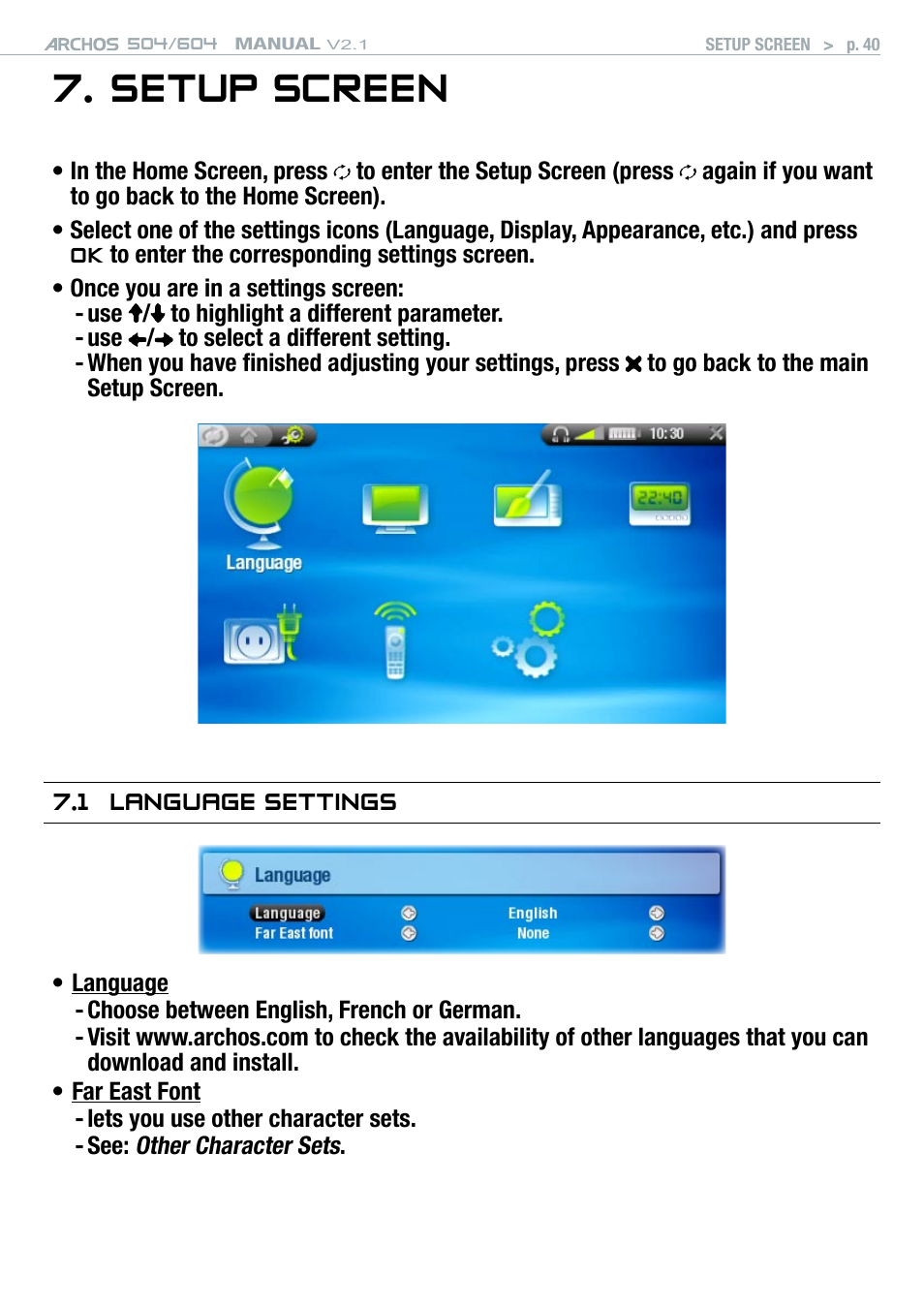 Setup screen, 1 language settings | ARCHOS Version 2.1 User Manual | Page 40 / 59