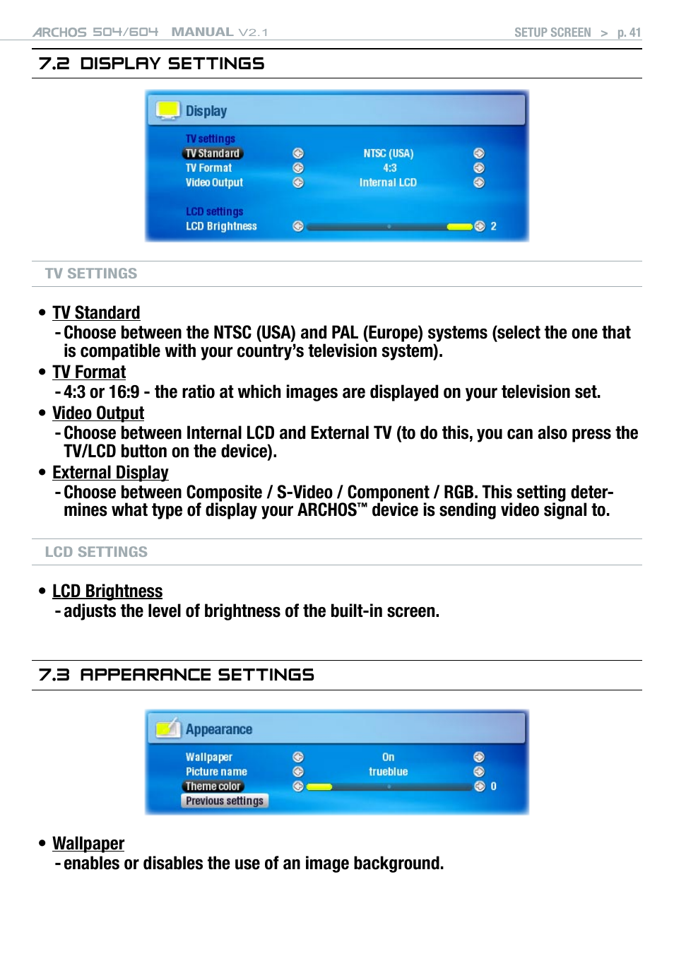 2 display settings, 3 appearance settings | ARCHOS Version 2.1 User Manual | Page 41 / 59