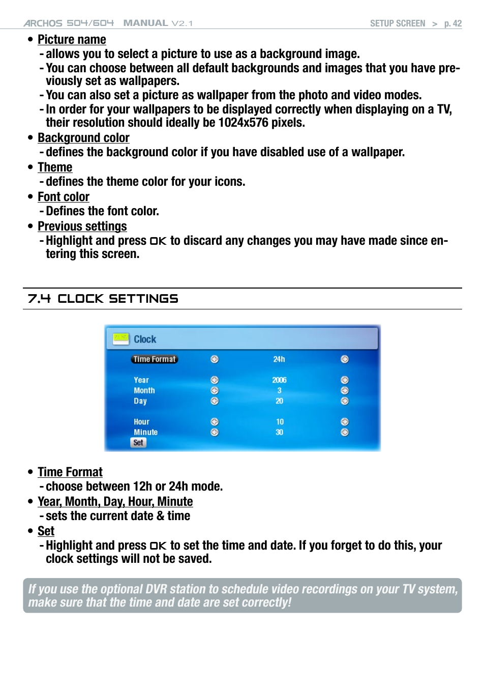4 clock settings | ARCHOS Version 2.1 User Manual | Page 42 / 59