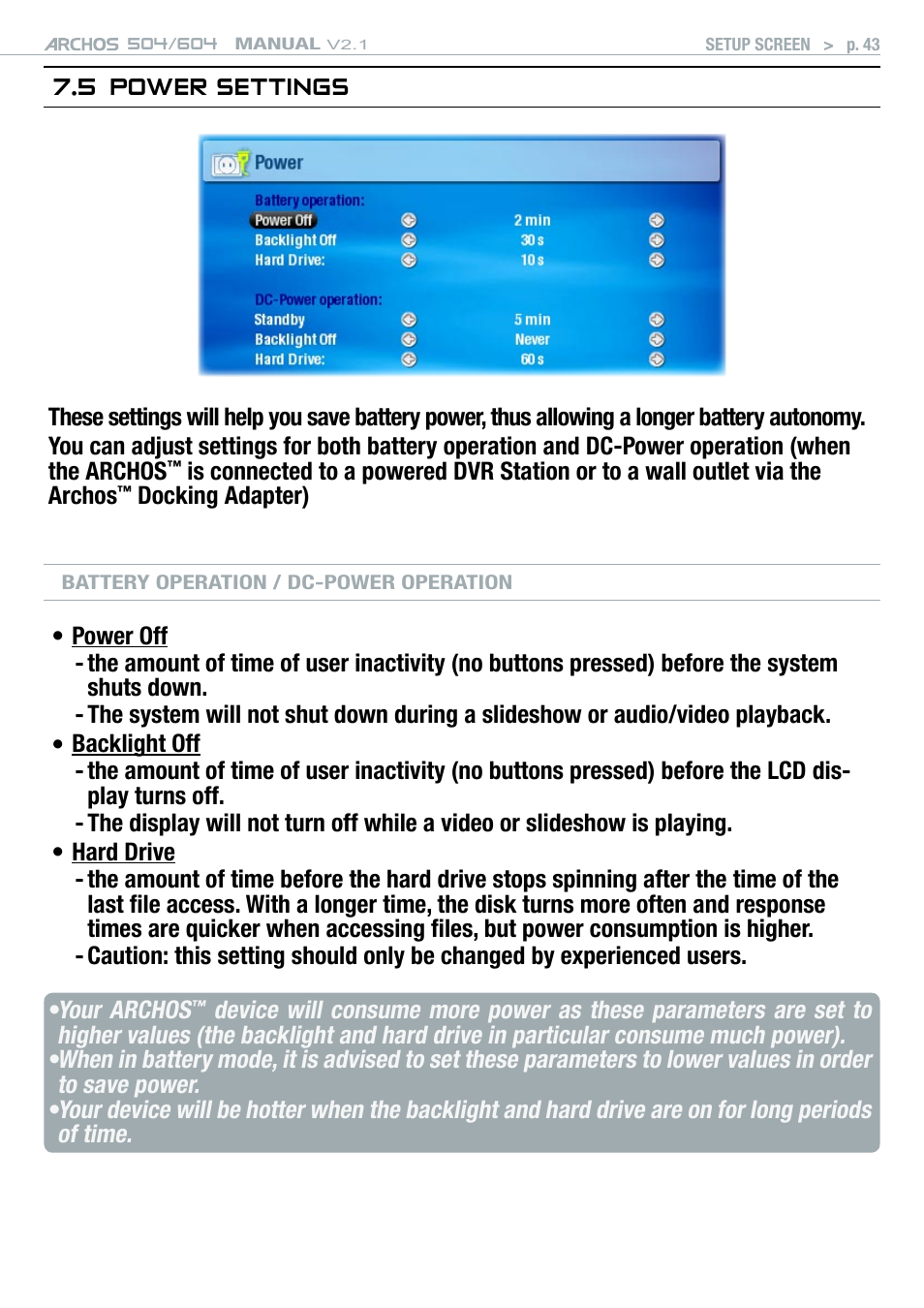 5 power settings | ARCHOS Version 2.1 User Manual | Page 43 / 59