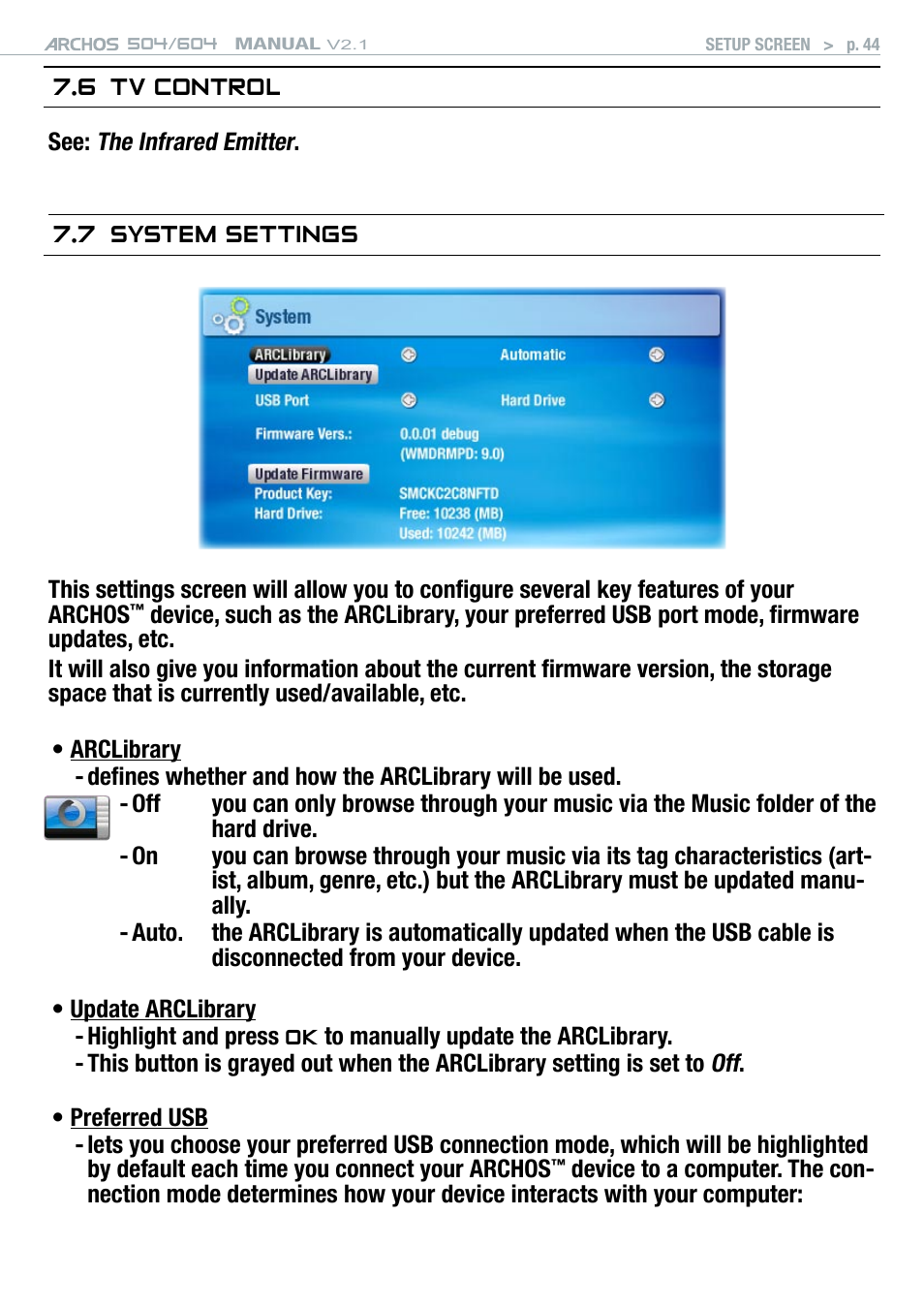 6 tv control, 7 system settings, Windows media device’ mode (see | System settings, Y (also see | ARCHOS Version 2.1 User Manual | Page 44 / 59