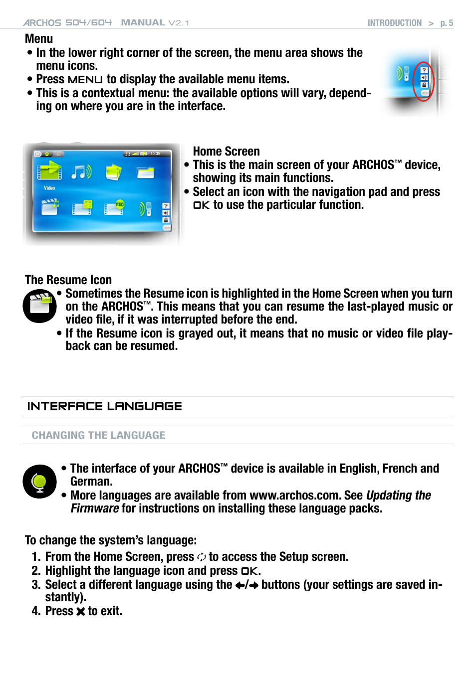Interface language | ARCHOS Version 2.1 User Manual | Page 5 / 59