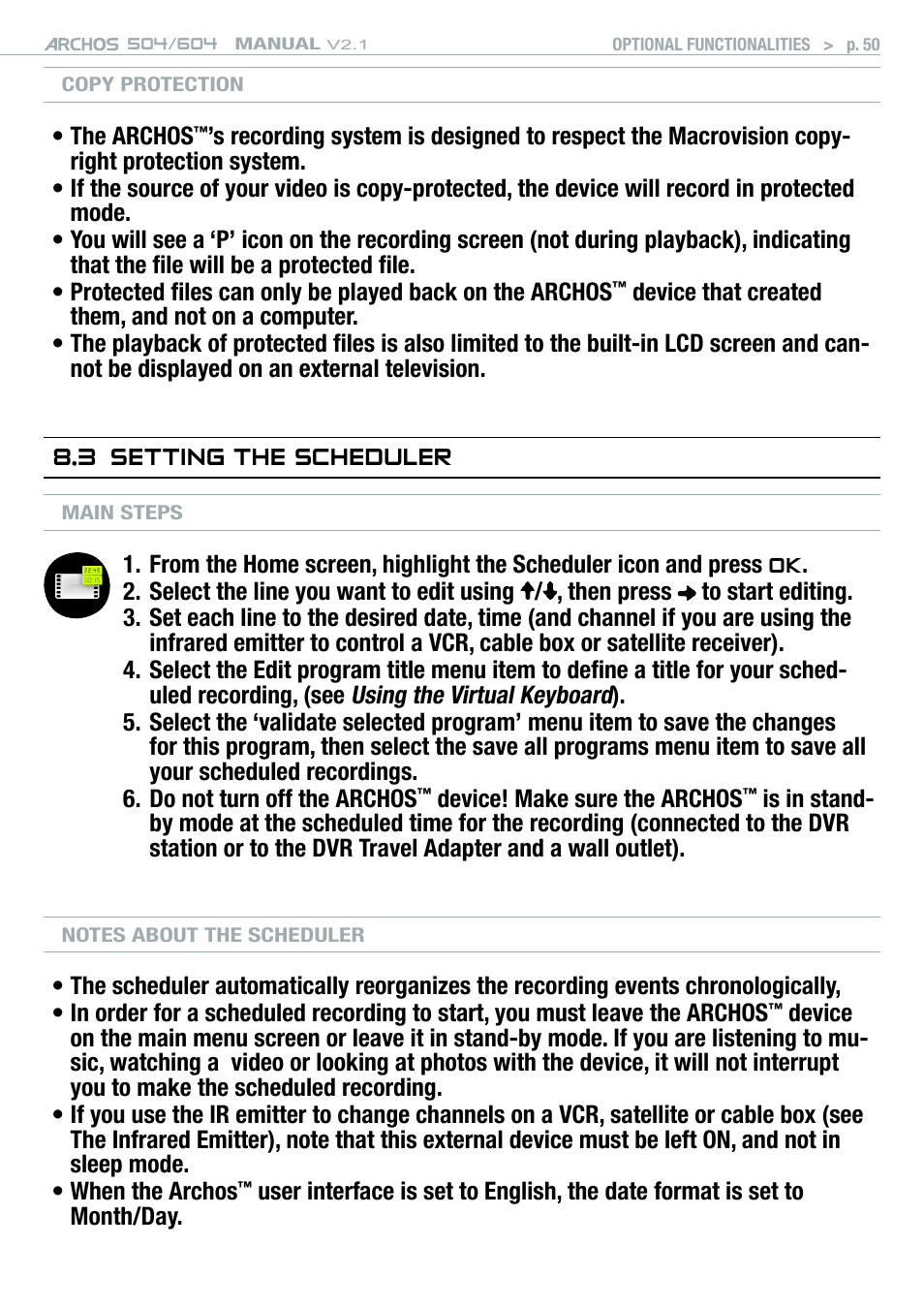 3 setting the scheduler | ARCHOS Version 2.1 User Manual | Page 50 / 59