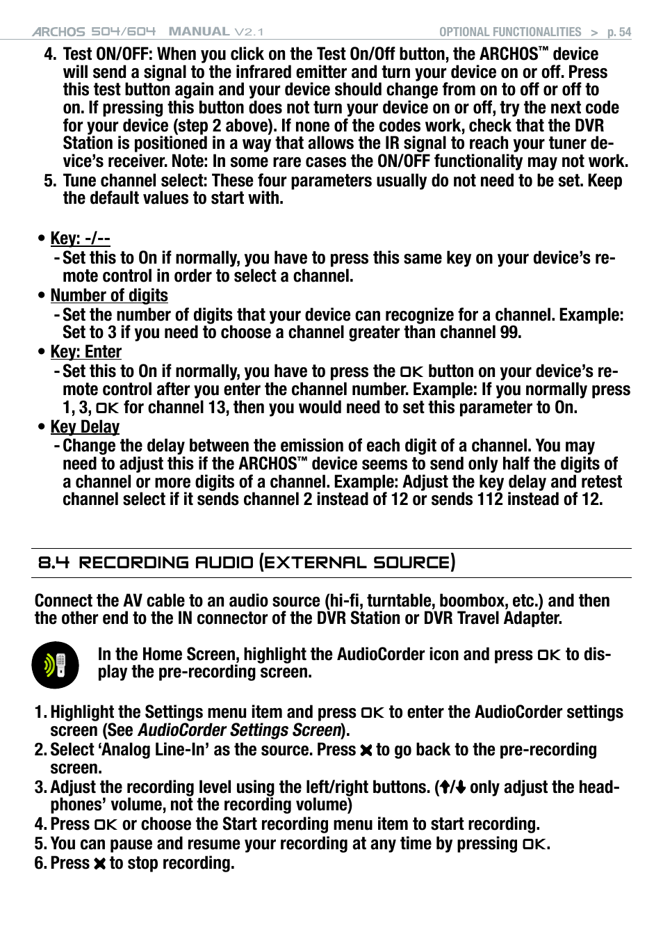 4 recording audio (external source) | ARCHOS Version 2.1 User Manual | Page 54 / 59