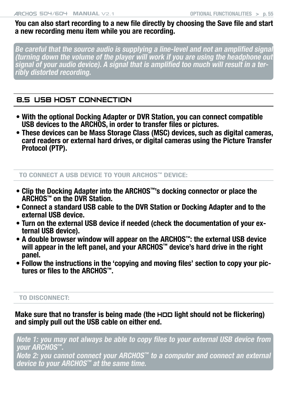 5 usb host connection, Usb host, Connection | ARCHOS Version 2.1 User Manual | Page 55 / 59