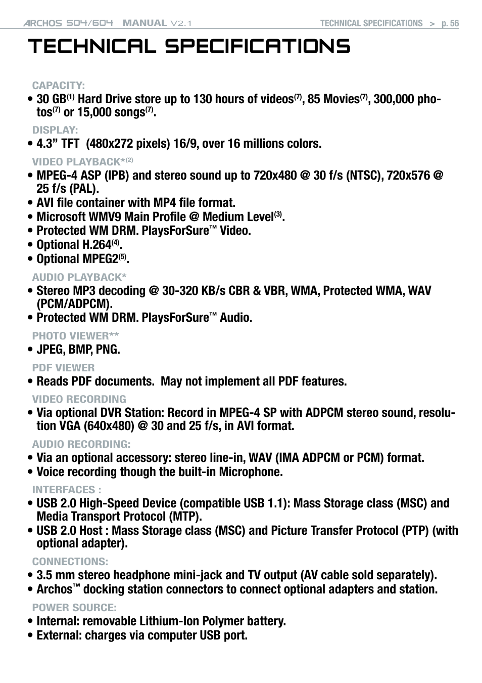 Technical specifications | ARCHOS Version 2.1 User Manual | Page 56 / 59
