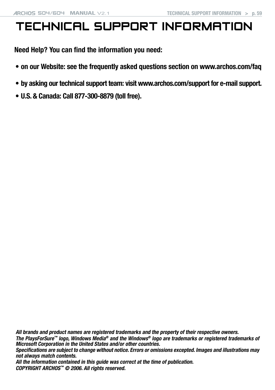 Technical support information | ARCHOS Version 2.1 User Manual | Page 59 / 59