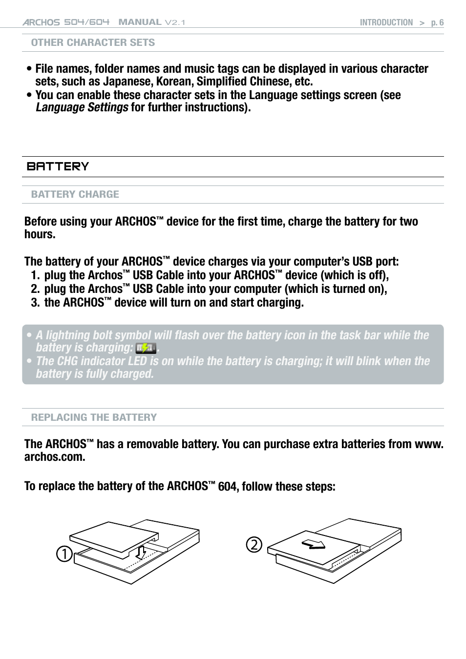 Battery, Language settings | ARCHOS Version 2.1 User Manual | Page 6 / 59